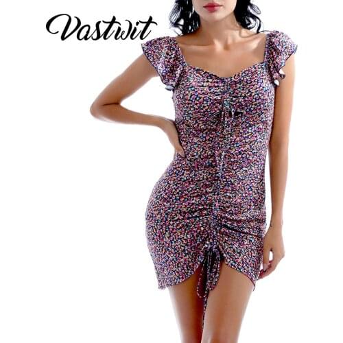 Women Cut Out Drawstring Knot Front Floral Slip Dress Summer Fashion Sleeveless Beach Mini Dresses