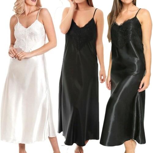 Ladies Silk Satin Long Night Dress Sexy Nightgown Camisola Nightie Deep V Neck Front Lace Lingerie Sleepwear Plus Size Nightwear