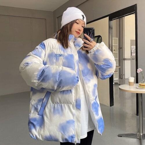 Womens Winter Thick Down Cotton Padded Parka Tie Dye Letters Loose Stand Collar Puffer Parkas Ladies Casual Oversize Outwear