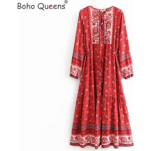 Boho Queens women elegant lace-up tassel floral print beach long Bohemian Maxi dress Ladies rayon Boho dress vestidos