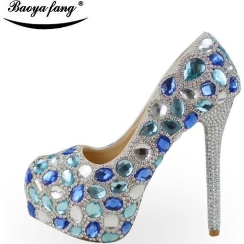 BaoYaFang Blue crystal rhinestone Womens wedding shoes High heels fashion woman party dress shoes Luxury big size High shoes