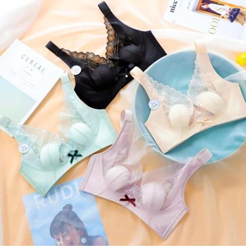 Wasteheart Sexy Women Fashion Pruple Green Wireless Lace Trim Bow Bras Push Up Bralette Cup B C Underwear Seamless Female Bras