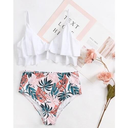 Women Summer Two-piece Swimwear Sets White V-neck Solid Color Bikini Tops and Shorts Swimsuits Summer Female Beachwear