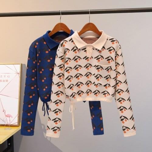 Women Autumn Fashion Print Short Sweater Bottoming Shirt Turn Down Neck Long Sleeves Loose Pullover Drawstring Slim Knit Tops