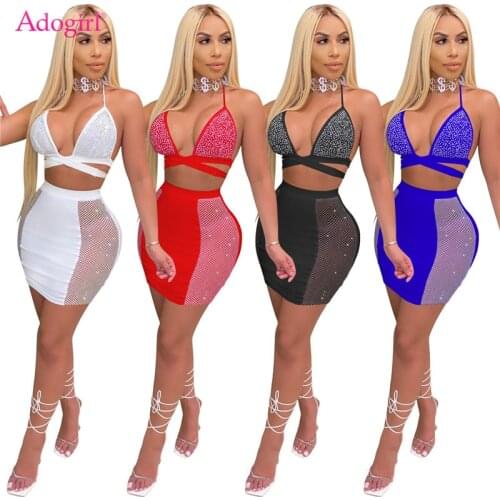 Adogirl Diamonds Women Sexy Two Piece Set Dress Crisscross Lace Up Bra Top Sheer Mesh Patchwork Bodycon Mini Skirt Club Outfits