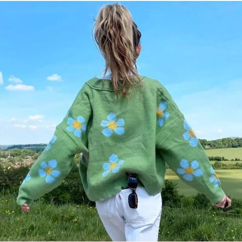 Flower Cardigans Sweater Women Loose Tops V Neck Green Sweater Knitted Cardigan Female Cute Coat Casual Outwear Sueter De Mujer
