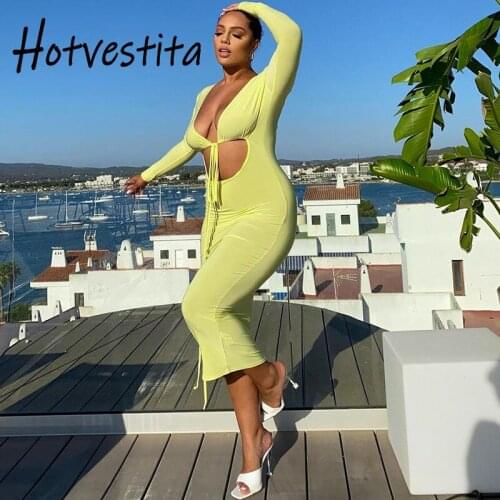 Hotvestita 2021 Spring Autumn Maxi Dress Sexy Deep V Neck Bandage Navel Hollow Out Long Sleeve Bodycon Women Party Club Dresses