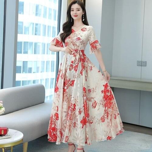 Plus Size 2021 New Summer Women Dresses Casual Short Sleeve Chiffon Elegant Lady Dress Fashion Print Beach Dress With Belt