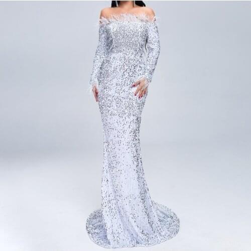 Grosfairy New 2021 Elegant Sequined Shinning Mermaid Evening Party Dress Women Sexy Boat Neck Feather Maxi Gown Fashion Vestido