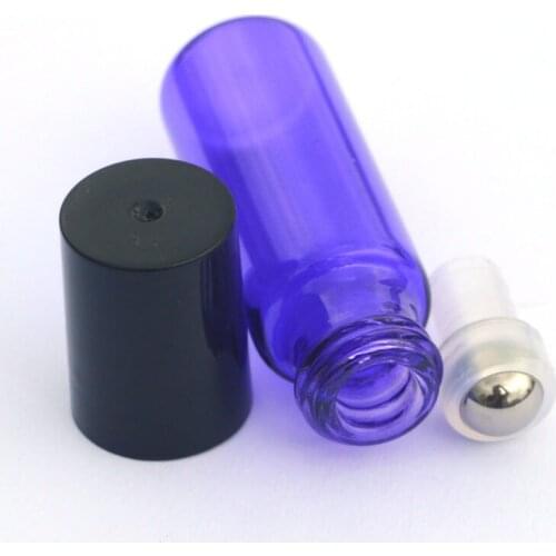 50pcs 5ml Blue Roll On Glass Bottle Steel Roller Ball Liquids Oil Perfume Essential Oils Empty Bottle with black lid