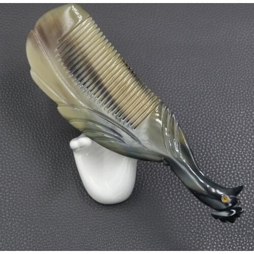 7.87 Inch Natural Ox Horn Comb Peacock Engraved Buffalo Horn Comb Hair Care Massage Comb