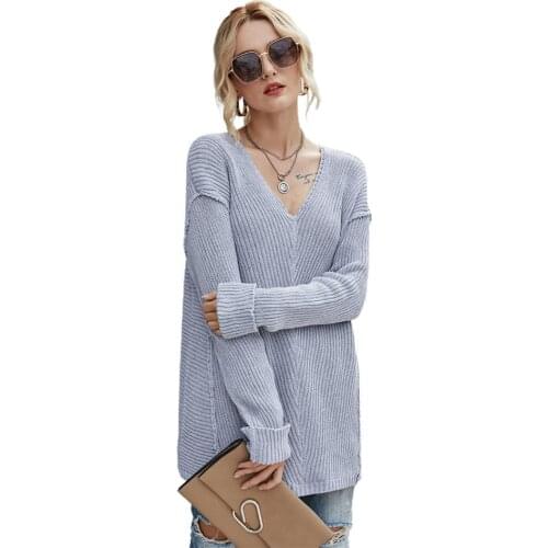 Women V Neck Long Sleeve Knitted Pullover Sweater Knit Jumper Solid color womens V-neck sweater pullover knitted sweater