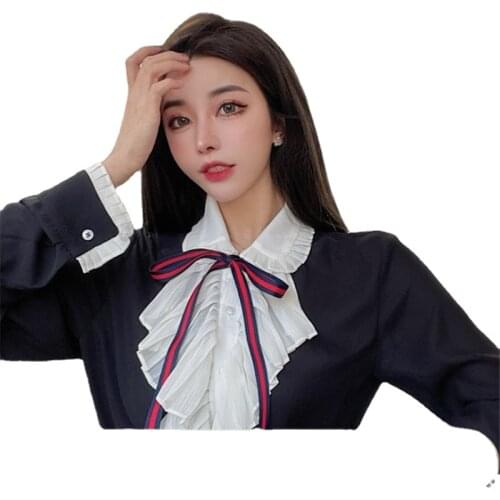 French Retro Palace Style Peter Pan Collar Black Shirt Long Sleeve Niche Ruffled Sweet Blouse Fashion All Match Bottoming Tops