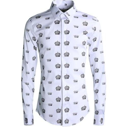 New arrival autumn Printed Little Crown Trendy Men Fashion Casual Shirts Mens Long Sleeve high quality men plus size M-2XL3XL4XL