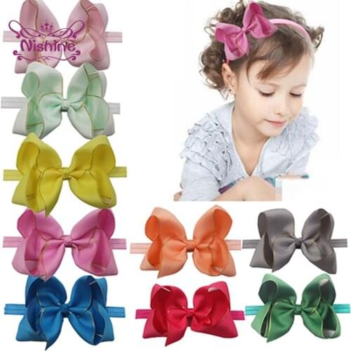 Nishine 15*10 CM Fashion Gold Wire Grosgrain Ribbon Bowknot Infant Headband Handmade Bows Elastic Hairband DIY Baby Headwear