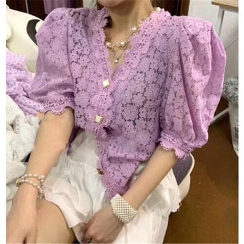 New Arrivals Summer Chic Elegant Fashion Lace-up Muti Colors V-neck Sexy Korean Style Hollow-out Puff-sleeves Womens Clothing