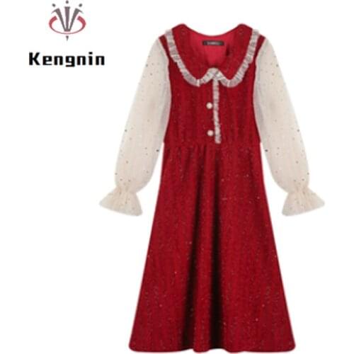 Plus Size 4XL Womens Dress Red Color 2021 Spring Autumn Mesh Patchwork Ladies Vestidos A-Line Female Clothing Robe KE880