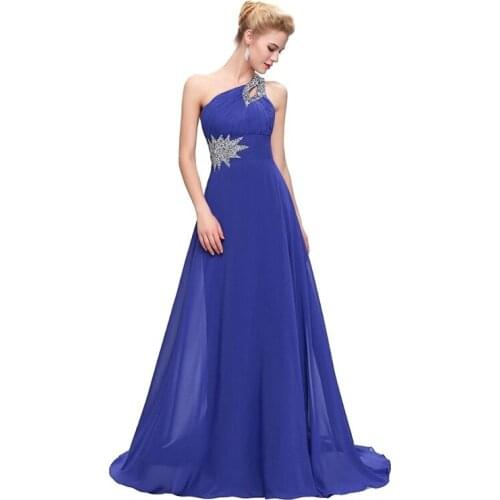 Luxury Royal Blue Long One-shoulder Evening Dress Crystal Chiffon Elegant Formal Gala Ceremony Party Prom Gown For Wedding Guest
