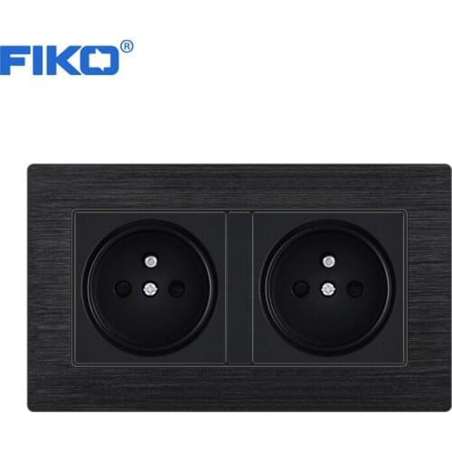 FIKO Two gang 16A EU french Standard Wall Power Socket ,Black Aluminium Alloy Panel Wall Power Socket Power Outlet 146mm*86mm