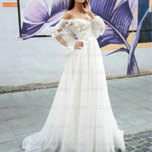 Sexy Boho Wedding Gown 2021 Long Sleeves robe de mariée Custom Made Tulle A Line Bridal Dresses Off Shoulder vestidos de noiva