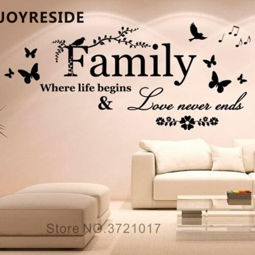 Family Quotes Wall Sticker Birds Butterflies Home Livingroom Art Design Wall Decals Family Love Never Ends Warm Decoration M455