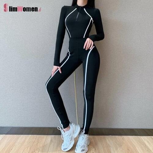 2 Pcs Gymn Sportswear Woman Zipper Fitness Suit 2021 Spring Stripe Patchwork Workout Clothes for Women Slim Tracksuit Female Set