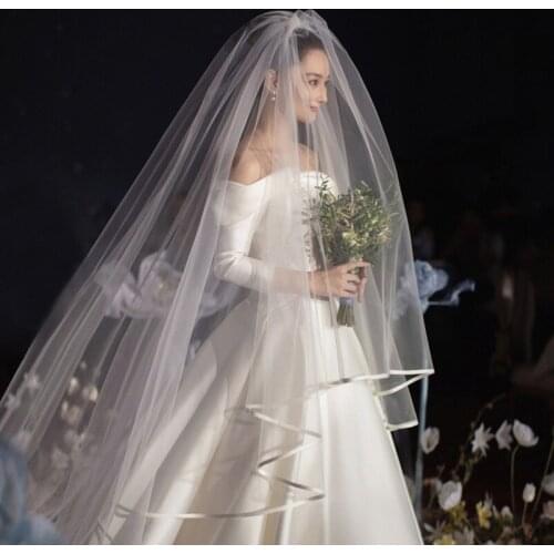 Bride Wedding Accessories 2020 Bridal Veils With Comb 2 layers In Stock Soft Tulle Ribbon Edge 3M Long Wedding Veils