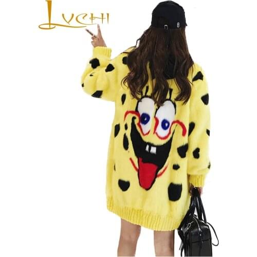 LVCHI Winter 2019 Yellow V-Neck Real Mink Fur Coats Sponge Baby Cartoon Pattern Coat Womens Zippers Medium Causal Mink Coats