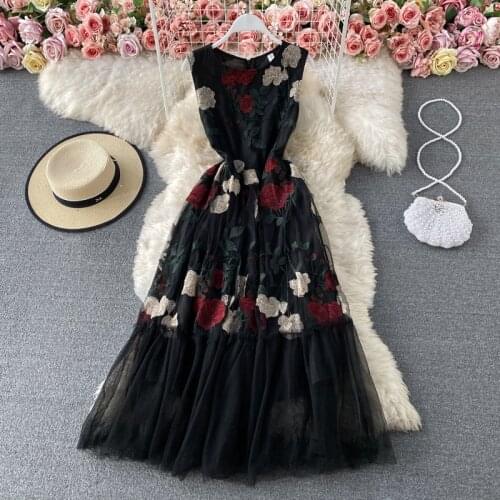 Womens spring summer runway fashion rose embroidery mesh dress female sexy sleeveless chic travel beach mesh dress TB1462