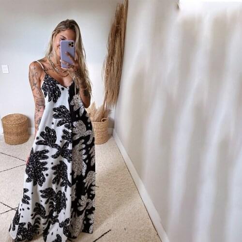 Beach Boho Print Dress 2021 New Sexy V-neck Sleeveless Loose A-Line Backless Night Dress For Women Vestidos Midi Robe Dos Nue
