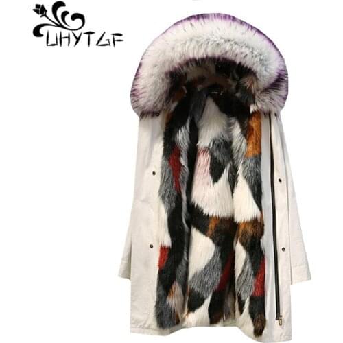 UHYTGF Imitation Fox fur liner Winter fur jacket Hooded Windproof Warm tops outerwear female Loose plus size Parker womens 901
