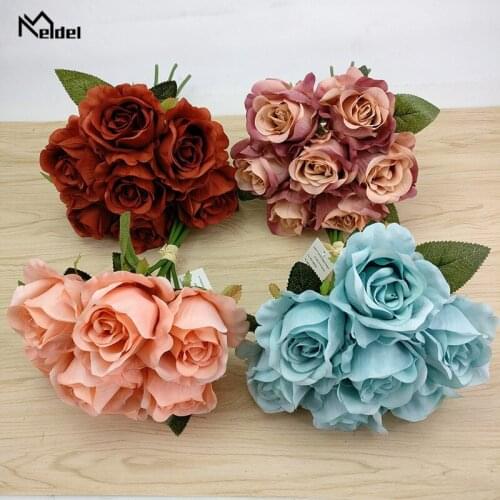 Meldel 1 Bouquet 7 Heads Artificial Rose Flower Silk Fake Flores Home Wedding Decoration Mariage Activity Party Imitation Floral