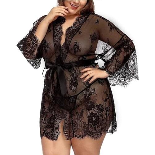 2 Pieces Plus Size Lingerie Female Sexy PajamasPlus size Transparent Bra + String Suit Sexy Bathrobe Pajamas