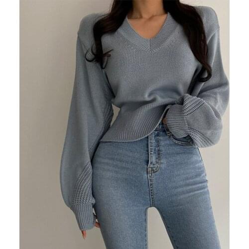 2021 Autumn Winter Sexy Sweaters Women Knitted Pullover Tops Causal Long Sleeve Slim V-neck Sweater Femme