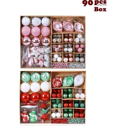 90pcs/Set Mixed Color Shaped Christmas Balls Ribbon Christmas Tree Hang Pendant Decoration For Home Party Wedding Decoration