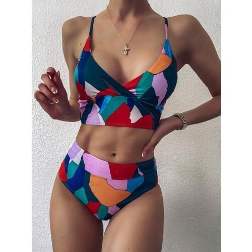 High Waist Bikini 2020 Geometry Print Push Up Cut Out Swimsuit Women Bathers Bathing Suit Ruffled Swimwear Beachwear Biquini