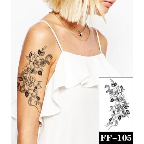 Black Peony Rose Flower Leavers Waterproof Temporary Tattoo Sticker SnakeTatto Body Art Arm Hand Sexy Girl Women Fake Tatoo