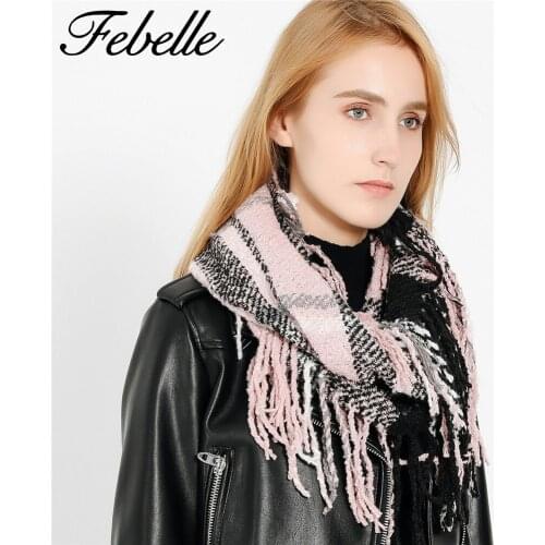 Febelle Winter Women Plaid Scarf Cashmere Knitted Snood Scarf Warm Sarf Infinity Scarves Neckchief Circle Ring Scarf Female
