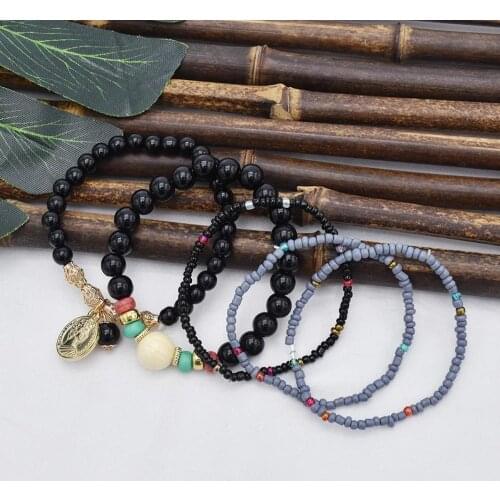 Fashion Gold Metal Heart Leaf Crystal Colorful Stone Beaded Bracelets Set for Women Bohemian Style Ethnic Jewelry Gifts