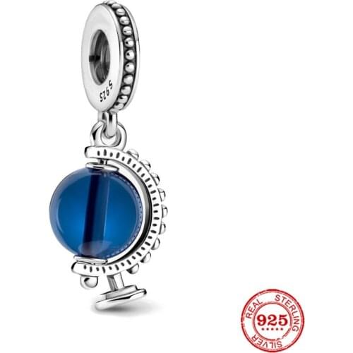 New Original Silver Color Summer Blue Globe Dangle Diy Bead Fit European Pandora Charms Bracelet Bangles Diy Jewelry P635