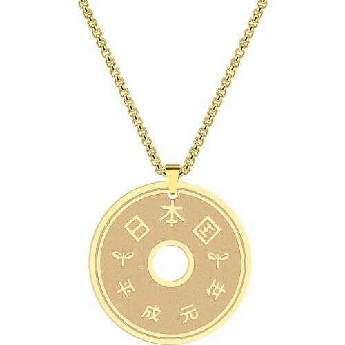 Kinitial Stainless Steel Coin Charm Pendant Necklace for Mens Womens Choker Necklace Japanese Coin Statement Jewelry Gift