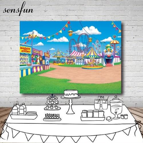 Clown Tent Playground Carousel Roller Coaster Backdrop Grassland Blue Sky Clouds Backgrounds For Photo Studio Vinyl