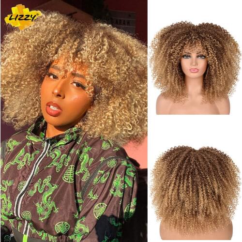 Lizzy 16" Short Hair Afro Kinky Curly Wigs With Bangs For Black Women African Synthetic Fluffy Ombre Blonde Brown Glueless Wigs