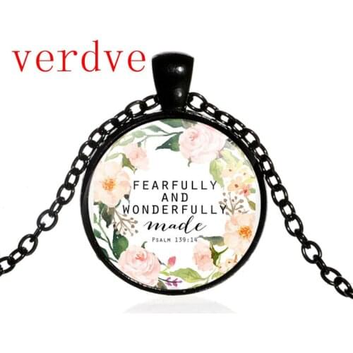 Psalm 139 14 Fearfully and Wonderfully Made Quote Bible Verse Necklace Cabochon Charm Pendant Necklace for Women Men Gift