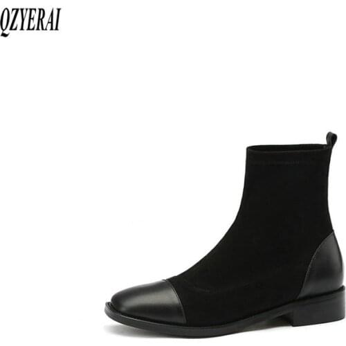 QZYERAI black Genuine leather ankle Female boots Womens boots cowhide Autumn and winter Womens shoes Size 34-40