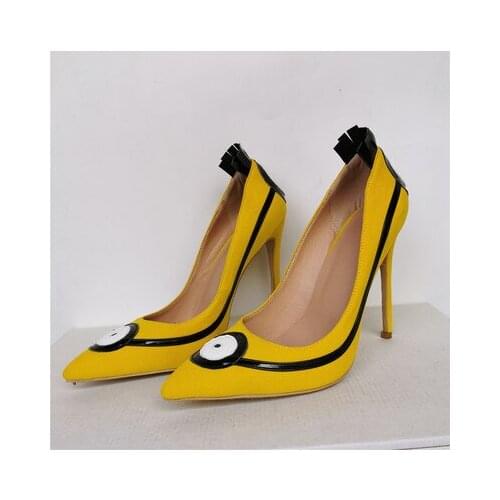 Sweet Yellow Leather Girls two Cartoon Eyes Print Pumps Ladies Thin High Heels Dress Wedding Party Shoes Women Plus Size 46 47