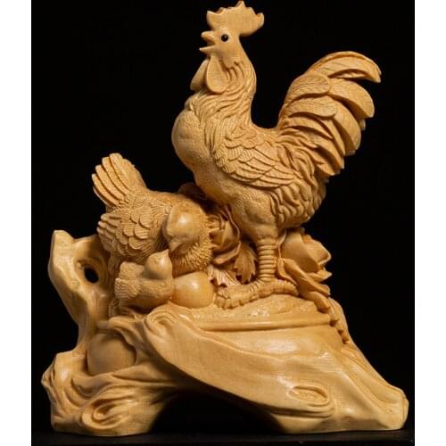 Boxwood 10CM Rooster Sculpture Lucky Chicken Chinese Zodiac Family Lucky Statue Wood Cock Home Decor