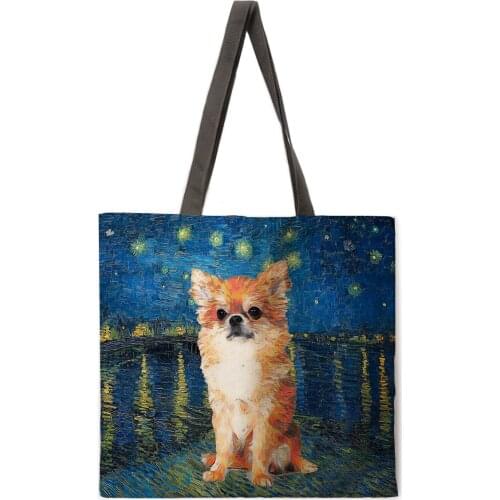Starry sky oil painting dog print handbag handbag lady handbag lady durable one-shoulder shopping bag large capacity tote bag