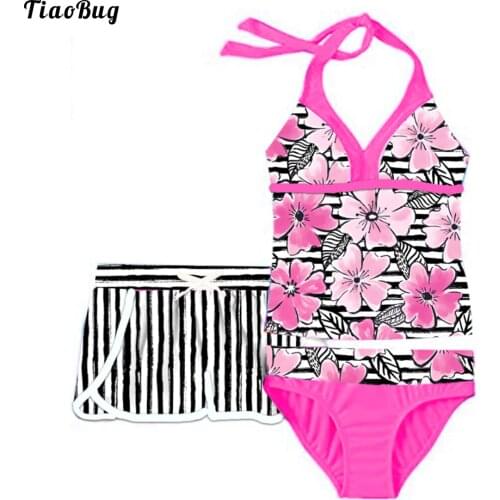 TiaoBug 3Pcs Kids Girls Summer Flower Ethnic Pattern Print Swimsuit Halter Neck Straps Open Upper Back Top And Briefs Boyshorts