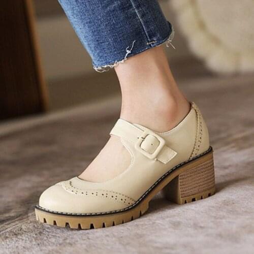 LIHUAMAO retro strap women high heel shoes round toe ladies square heel mary jane dress shoe cosplay